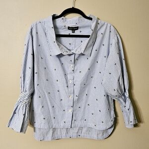 Silent Chaos Blouse - Blue & White Stripes, Mini Flower Pattern - Size Medium